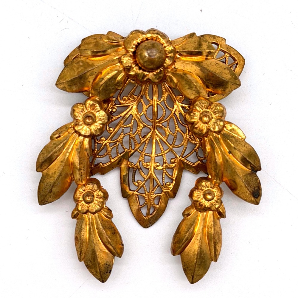 Vintage Gold Tone Floral‎ Filigree Brooch Fixed Drop Design Statement Pin